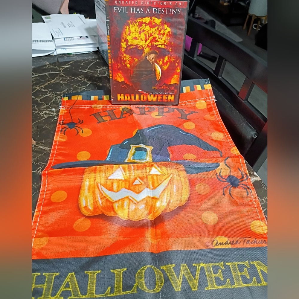 Halloween Evil Has A Destiny DVD + 2 Pumpkin Flags with Witch Hat on It